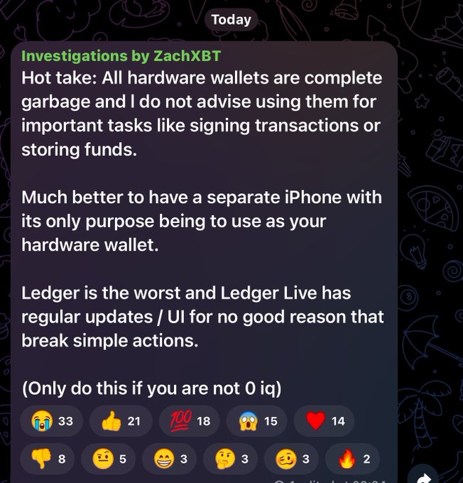 A screenshot of a Telegram message from 'Investigations by ZachXBT' criticizing hardware wallets, recommending a separate iPhone instead, and calling Ledger 'the worst'.