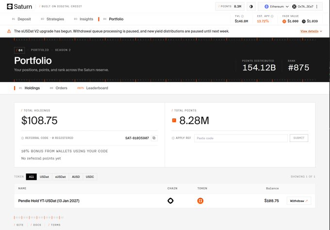 A screenshot of the Saturn digital credit platform's Portfolio page showing a total holding of $108.75 in a 'Pendle Hold YT-USDDat', with 8.28M total points and a rank of #875.