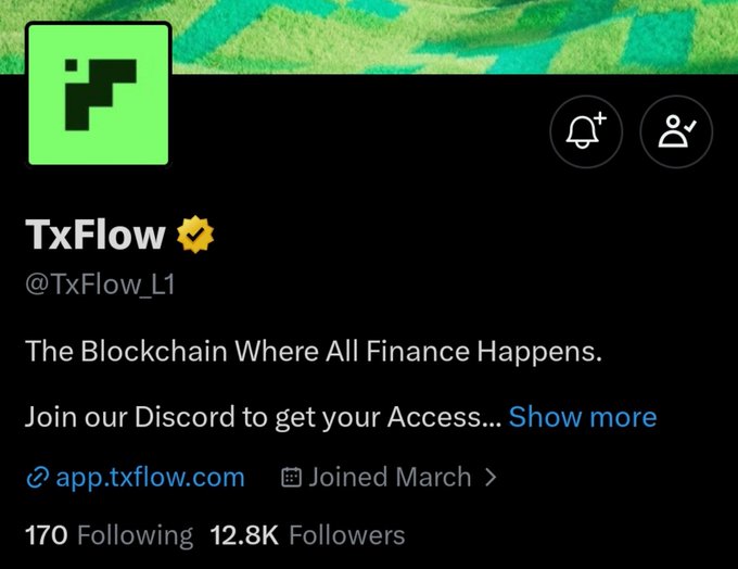 Twitter/X profile for "TxFlow @TxFlow_L1" — a verified account describing itself as "The Blockchain Where All Finance Happens," with 12.8K followers and link to app.txflow.com.