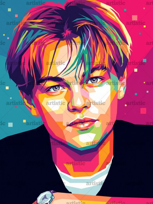 A colorful pop art style portrait of a young man with messy dark hair, rendered in vibrant geometric shapes of pink, yellow, orange, and teal, watermarked with 'artistic'.