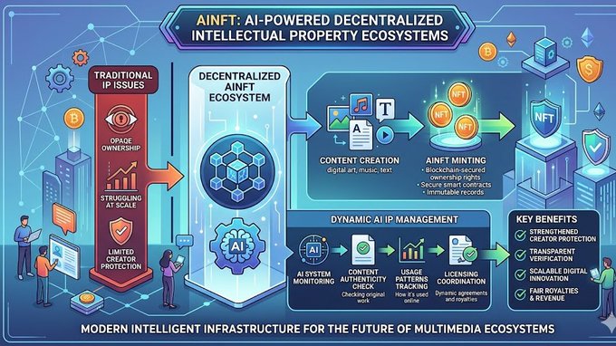 The image shows a colorful poster featuring an illustration of intellectual property with people, buildings, and abstract shapes representing different aspects such as content creation, NFT ecosystems, AI-generated content, copyright management, and intellectual property protection. The poster also includes text that explains how AI-powered intellectual property systems are transforming the way content is managed in the Web3 era by offering more efficient ways to create, manage, and distribute intellectual property while reducing costs for creators and users alike.