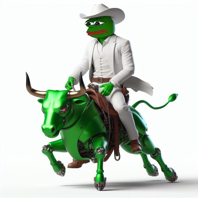 A 3D render of a Pepe the Frog character dressed as a cowboy in a white suit and hat, riding a green mechanical bull.