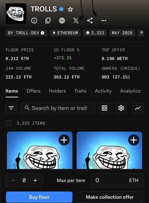 !!! Lol!!! The first line of the image says we all got trolled by @Troll_ lol People said it's a scam project, so I saw it on my tl and faded. It's trading for 0.212E Congrats if you mint or bought and held. What's the next cook?".