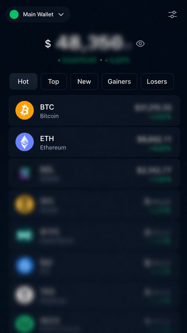 The image shows a blurred mobile crypto wallet interface displaying a "Main Wallet" balance with top market categories (Hot, Top, New, Gainers, Losers) and clearly visible BTC (Bitcoin) and ETH (Ethereum) entries among other cryptocurrencies, suggesting the post is previewing the user's crypto holdings or portfolio breakdown.