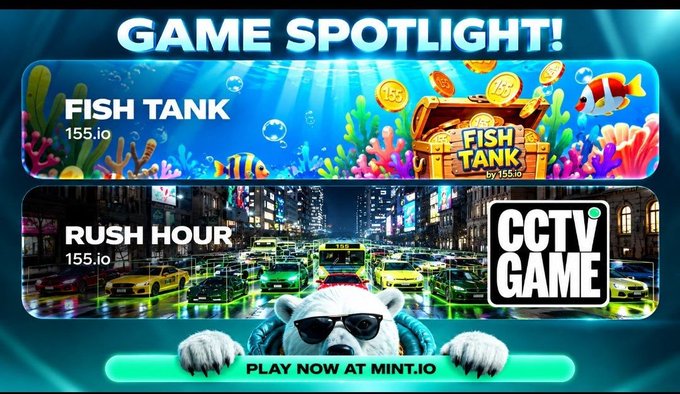 The image is a "Game Spotlight!" promotional banner featuring two games on the Mint.io platform: "Fish Tank" (155.io) with a colorful underwater scene and a clownfish, and "Rush Hour" (155.io) showing a nighttime cityscape with yellow taxis and a sunglasses-wearing polar bear mascot next to the "CCTV Game" logo, inviting users to "PLAY NOW AT MINT.IO." It highlights the gaming experiences Mint offers, supporting the post's emphasis that engaging gameplay—not just rewards—drives platform value.