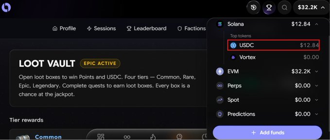 The image displays a crypto platform dashboard highlighting a $12.84 USDC balance in the Solana wallet, alongside a "Loot Vault" feature with epic loot boxes active. The promotion ties into Onchain's Loot Boxes Season 2, where users earn rewards like Points and USDC by completing quests and opening loot boxes across Common, Rare, Epic, and Legendary tiers.