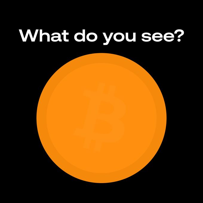The image features a large orange coin with a Bitcoin symbol on it. The text "What do you see?" is written above the coin, suggesting that someone has posted an image of this coin for others to view or participate in a giveaway related to Bitcoin.