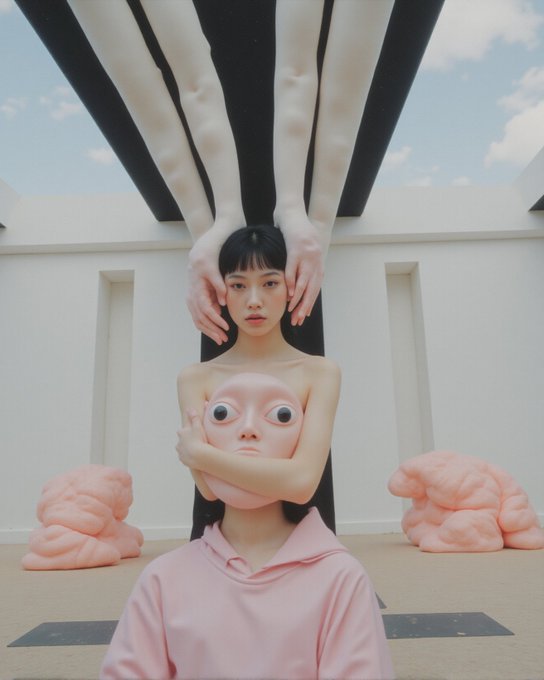 An artistic photograph of a woman in a pink hoodie holding a pink face-mask object to her chest, while disembodied mannequin legs descend from above to frame her head, with pink sculpted brain-like objects on the ground.