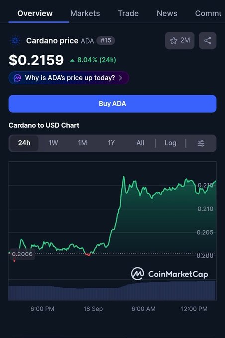 A screenshot from CoinMarketCap showing the Cardano (ADA) price at $0.2159, up 8.04% (24h), with a 24-hour price chart trending upward.