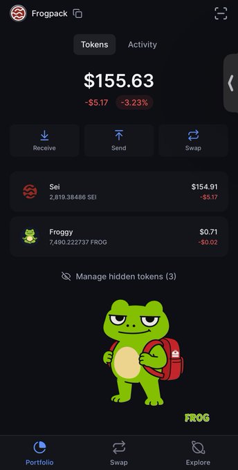The image shows a cryptocurrency portfolio screen displaying tokens valued at $155.63, including SEI at $154.91 and FROG (Froggy) at $0.71, with a Pepe the Frog mascot holding a red backpack at the bottom and navigation tabs for Portfolio, Swap, and Explore.

The post celebrates FROG token being natively supported on Sei Network with built-in aggregator swaps through Backpack, emphasizing ease and speed of trading for holders.
