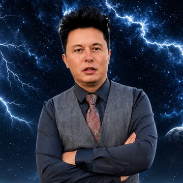 The image shows a man with crossed arms wearing a dark shirt, gray vest, and patterned tie, set against a dramatic cosmic background with blue lightning and a planet. The styling and "Elon Musk's Chinese alter ego" reference in the post suggest this is a digitally created or stylized image of someone portraying the persona "Yi Long Ma," connecting to the $YILONGMA token news.
