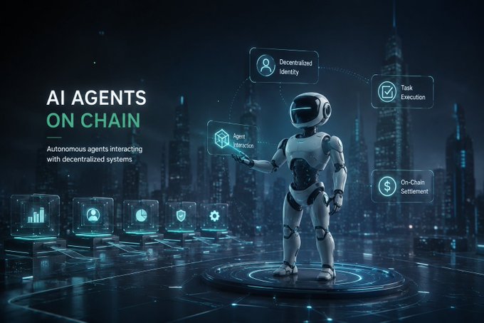 A futuristic digital illustration titled 'AI AGENTS ON CHAIN' depicting a white humanoid robot standing in a neon-lit cyberpunk city, interacting with holographic interfaces labeled 'Decentralized Identity', 'Agent Interaction', 'Task Execution', and 'On-Chain Settlement'.