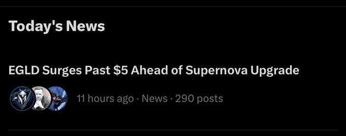 A news header titled "Today's News" features the headline "EGLD Surges Past $5 Ahead of Supernova Upgrade," posted 11 hours ago in the News category with 290 posts.