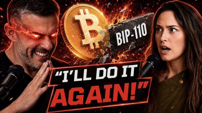 A YouTube-style thumbnail featuring two podcast hosts flanking a Bitcoin coin graphic, with text reading 'BIP-110' and 'I'LL DO IT AGAIN!'.