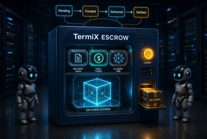 A futuristic digital artwork depicts a 'TermiX ESCROW' machine showing workflow stages from Pending to Settled, flanked by two small robots.