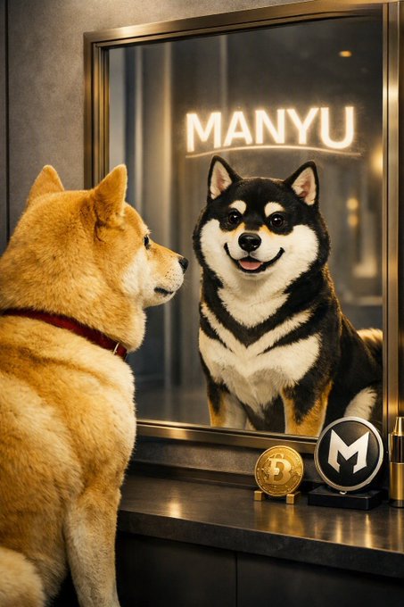 Two Shiba Inu dogs facing a mirror, one wearing a red collar, with 'MANYU' neon sign reflecting, alongside Bitcoin and Monero cryptocurrency logos on the counter.