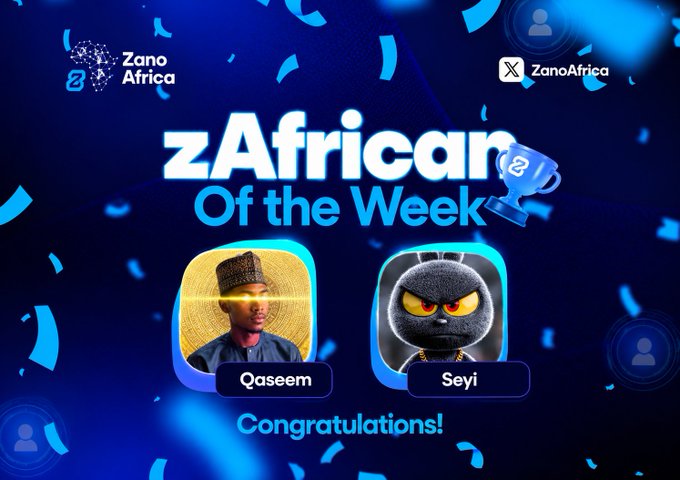 A promotional graphic titled 'zAfrican of the Week' by Zano Africa, congratulating winners 'Qaseem' and 'Seyi' with a blue trophy and confetti design.