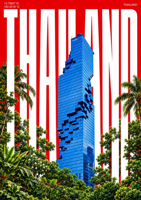 A Thailand travel poster showing a modern blue glass skyscraper surrounded by tropical palm trees and greenery, with the location '13.7563° N, 100.5018° E THAILAND' displayed in the top corners.
