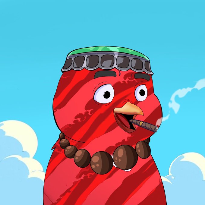 A cartoon illustration of a red, striped bird-like character wearing sunglasses on its head, a beaded necklace, and smoking a cigar against a blue sky background.