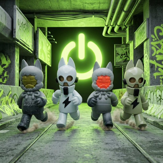 Four toy figures with cat-like ears and masked faces—two featuring lightning bolt symbols—run through a green-lit industrial alleyway toward a glowing power icon, visually promoting the upcoming 9,898-supply "Eyzen Biterz" NFT public mint launching on Robinhood chain for 0.00008 ETH.