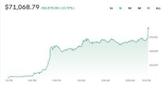 A stock chart showing a price of $71,068.79 with a green gain of +$5,876.96 (+8.25%), displaying a rising green line graph.
