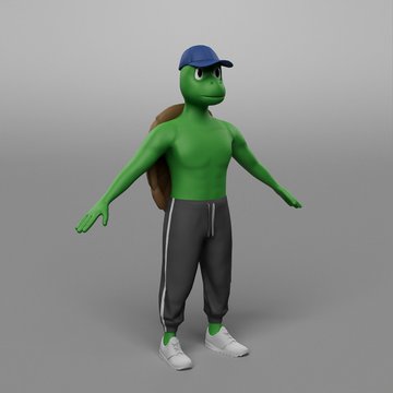 A 3D render shows a green anthropomorphic turtle character wearing a blue cap, grey sweatpants, white sneakers, and a backpack, standing in a T-pose.