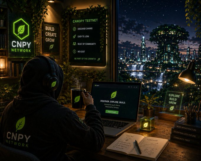 A promotional image for 'CNPY NETWORK' showing a hooded figure working on a laptop, surrounded by 'Build Create Grow' and 'Canopy Testnet' signage with a glowing futuristic city in the background.