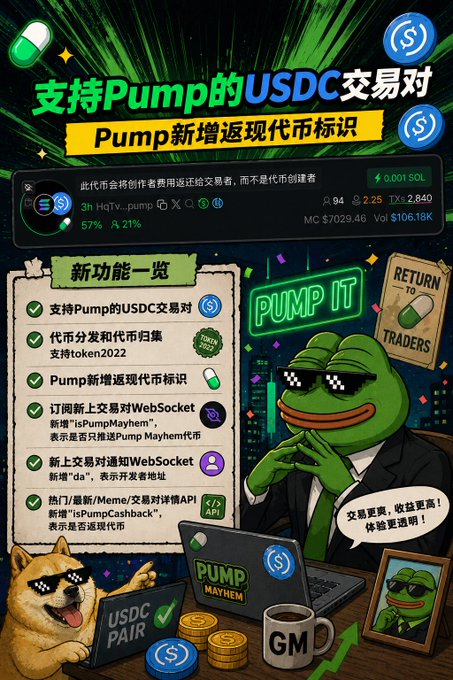 The image features a poster for Pump USDC, which is an online trading platform that allows users to trade cryptocurrency. The poster includes a cartoon of a frog wearing sunglasses and holding a laptop computer, as well as a dog with sunglasses on its head. The poster also contains text in Chinese and English, providing information about the trading platform and its features.