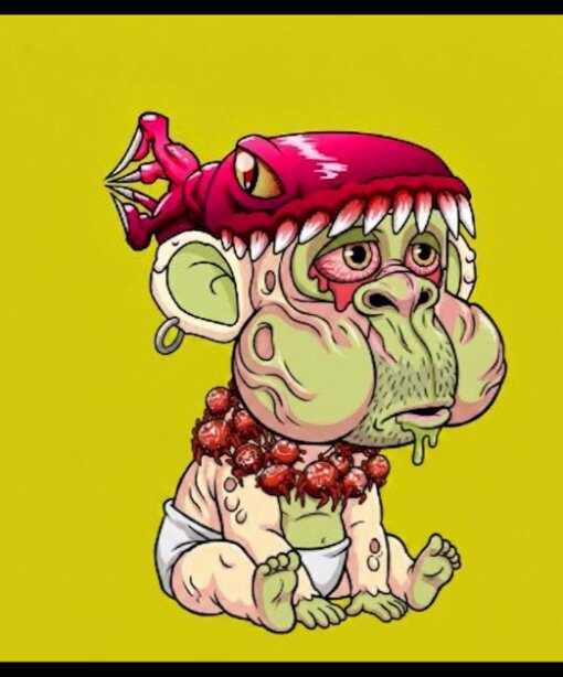 The image features a cartoon monkey sitting down, wearing a hat that looks like a fish's mouth with red eyes and pink lips. The monkey appears to be wearing a diaper and has a flower around its neck. The background of the image is yellow, which contrasts with the colorful and detailed depiction of the monkey.