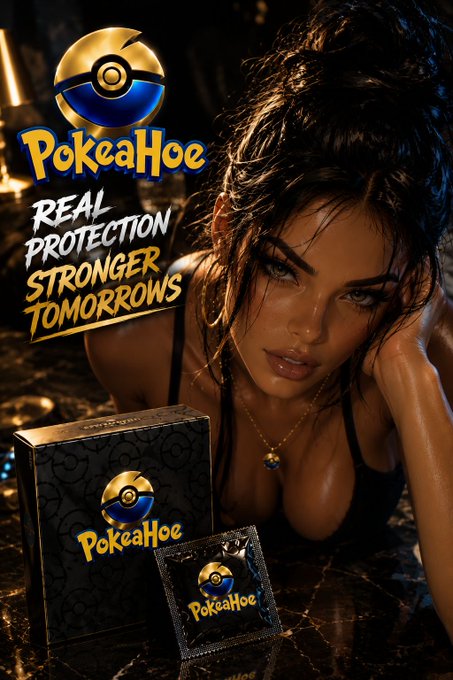 A promotional image for "PokeaHoe" featuring a dark-haired woman in a low-cut top lying next to product packaging displaying the brand's Pokéball-style logo, with the tagline "Real Protection, Stronger Tomorrows." The image appears to tie into the post's mention of an airdrop campaign for token holders, using the product's branding to accompany the announcement about tracking holders for the promised community giveaway.