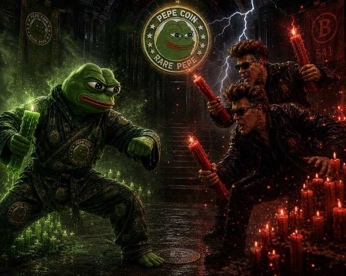 A stylized digital artwork featuring a martial artist in a Pepe Coin/Rare Pepe robe wielding a green candle against multiple opponents holding red candles, in a dramatic lit environment.