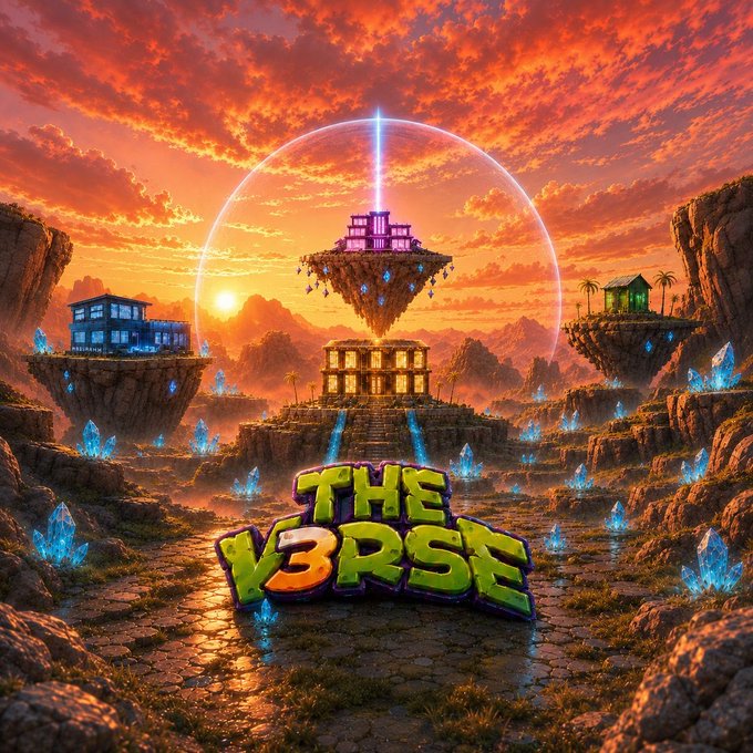 A fantasy landscape at sunset featuring floating islands with buildings, glowing blue crystals, and a large graphic reading 'THE VERSE' in the foreground.