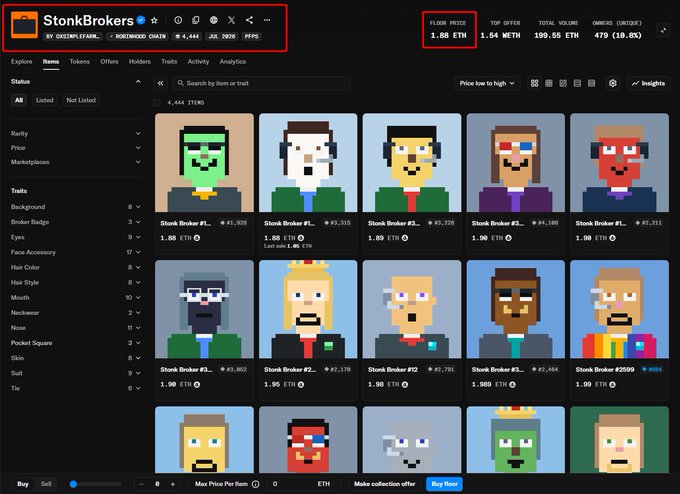 A screenshot of the StonkBrokers NFT marketplace on OpenSea, showing pixel-art character NFTs with various traits, priced in ETH, with a floor price of 1.68 ETH and 479 owners.