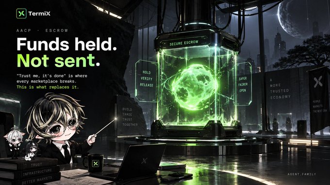 An anime-style promotional graphic for 'TermiX' featuring a chibi character and the tagline 'Funds held. Not sent.' promoting AACP escrow services to replace unreliable marketplace promises.