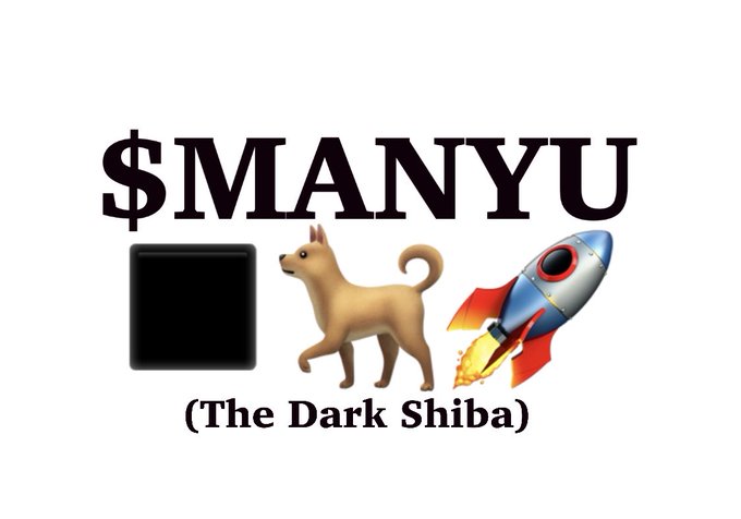 A graphic featuring the text '$MANYU' above a black square, a Shiba Inu dog, a rocket ship, and the phrase '(The Dark Shiba)'.