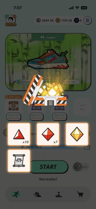 Mobile game screen showing a 'Jogger' sneaker item in a loot box opener interface with a START button and various gem rewards.