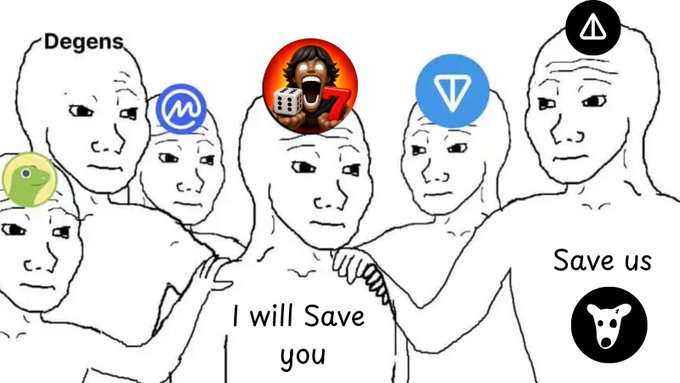 A meme image showing several Wojak-style characters labeled "Degens" with various cryptocurrency logos (SNEK, ICP, etc.) on their heads, and text reading "I will Save you" and "Save us."