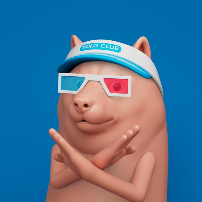 A 3D-rendered character resembling a rodent or mole wears a white visor with 'YOLO CLUB' written on it and red-blue 3D glasses, striking a pose with crossed arms against a blue background.