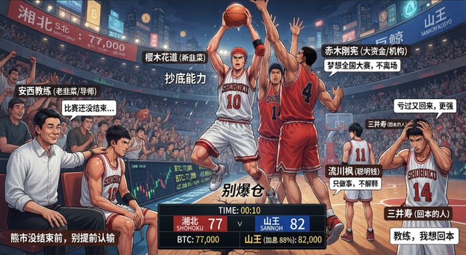 An AI-generated illustration depicting a basketball game between 'Shohoku' (77) and 'Sannoh' (82) with Chinese text labels and scoreboard details including 'TIME: 00:10' and 'BTC: 77,000'.