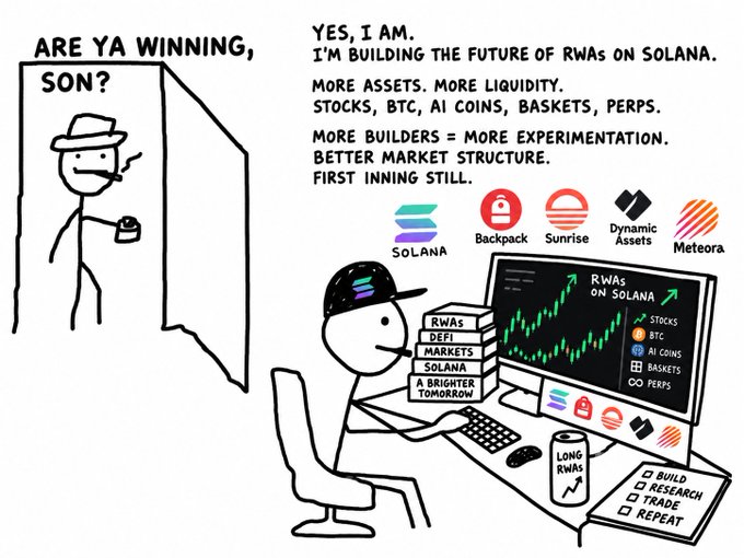 Stick-figure meme captioned 'Are ya winning, son?' showing a character at a desk building RWAs on Solana, listing projects like Solana, Backpack, Sunrise, Dynamic Assets, and Meteora.