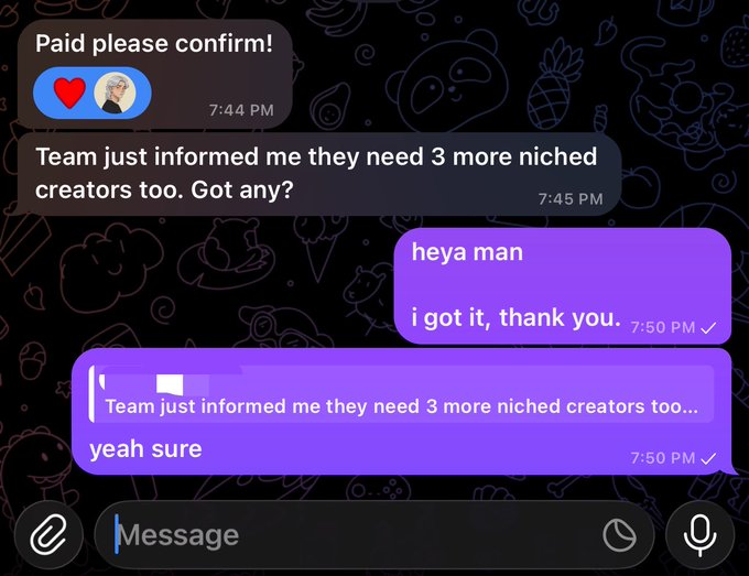 A text message conversation shows someone being asked to confirm a payment and supply "3 more niched creators," with replies of "i got it, thank you" and "yeah sure" — suggesting the poster is handling payments and recruiting creators in the crypto/Pump.fun space. The exchange reflects the chaotic, deal-making hustle described in the caption, where "rugs" and FOMO drive creators to chase quick payouts.