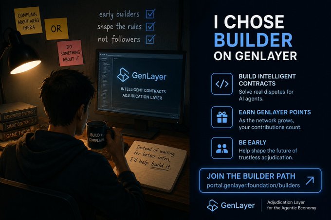 A promotional graphic for 'GenLayer' showing a person at a computer with sticky notes reading 'COMPLAIN ABOUT WEBS INFRA OR DO SOMETHING ABOUT IT', alongside text promoting 'I CHOSE BUILDER ON GENLAYER' and 'BUILD INTELLIGENT CONTRACTS'.