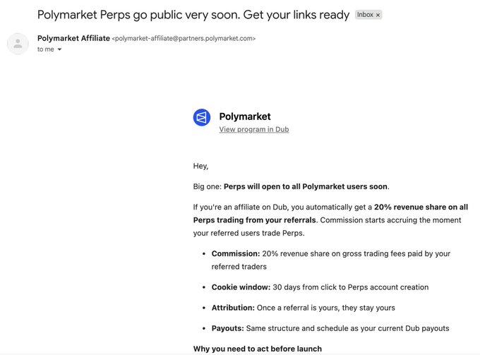 An email screenshot from 'Polymarket Affiliate' announcing the upcoming launch of Polymarket Perps, highlighting a 20% revenue share commission for affiliates who refer traders, with details on cookie windows and attribution.