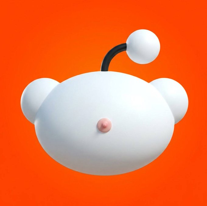 A white, cartoonish Reddit-style alien mascot with a single antenna and rounded features floats against a vibrant orange background, tying into the post's parody branding of "Redtit." The character resembles Reddit's iconic Snoo, rebranded to match the meme's playful reference to the platform's community-driven culture.