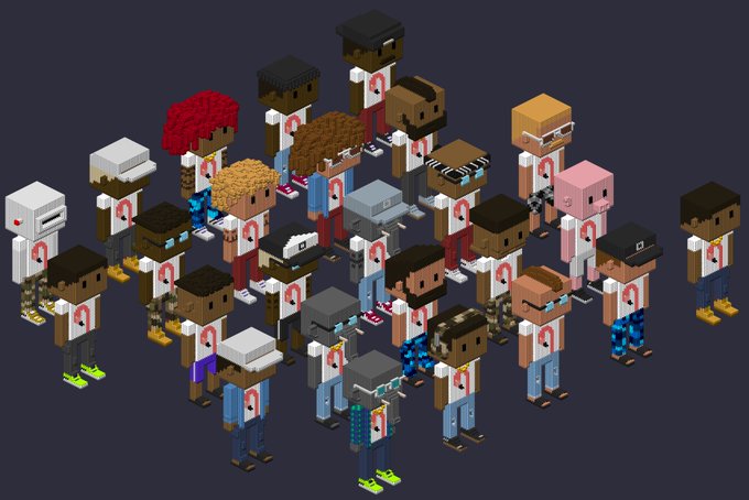 A group of pixelated, voxel-style Meebit characters are arranged together on a dark background, each wearing white shirts featuring a red flamingo logo. The "Flamingo Tee" refers to the matching branded apparel worn by these unique avatar designs from Larva Labs.