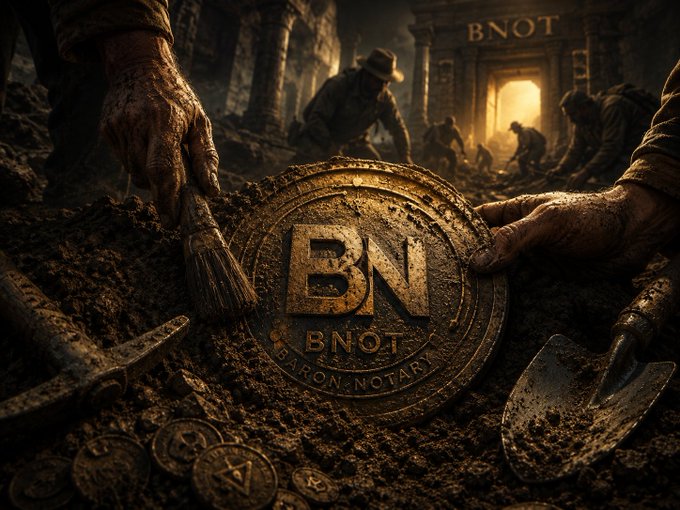 A pair of dirt-caked hands carefully unearthing a large golden medallion engraved with "BN" and "BNOT BARON NOTARY," while archaeologists dig in the background beneath a stone archway marked "BNOT."

The image visually reinforces the post's message about patient, painstaking engineering: like archeologists laboring to uncover a buried treasure, the team spends months carefully building and optimizing their fortified crypto infrastructure (PDA Vaults, MEV protection, AI risk agents) rather than chasing fleeting trends—uncovering lasting value through real, deliberate craftsmanship.