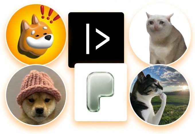 A collage features four circular photos of cats and dogs surrounding two app icons in the center—a black '>' icon and a white 'P' icon.