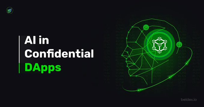 A graphic titled 'AI in Confidential DApps' featuring a green wireframe profile of a human head with a hexagonal brain design and digital code elements, branded with beldex.io.