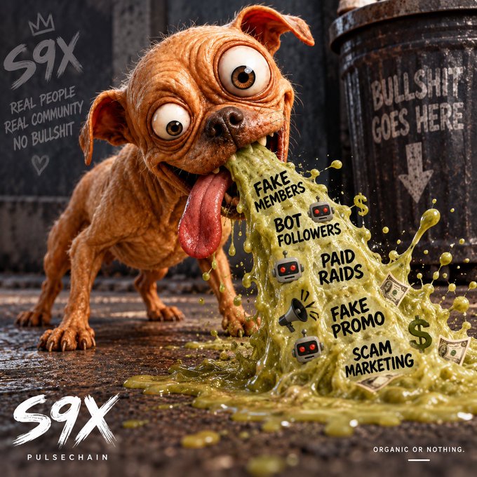 A promotional image featuring a cartoonish dog vomiting green slime labeled 'FAKE MEMBERS', 'BOT FOLLOWERS', 'PAID RAIDS', 'FAKE PROMO', and 'SCAM MARKETING', with text 'S9X', 'REAL PEOPLE REAL COMMUNITY NO BULLSHIT', 'BULLSHIT GOES HERE', and 'ORGANIC OR NOTHING. PULSECHAIN'.