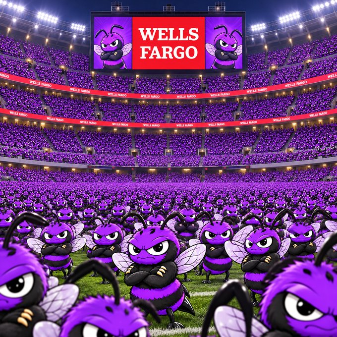 An AI-generated stadium scene filled with purple, angry-looking cartoon bees, featuring prominent 'WELLS FARGO' signage on the jumbotron and around the arena.